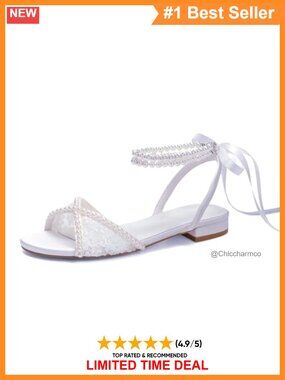 Lace Pearl Flat Wedding Sandals Open Toe Ankle Strap Bridal Shoes